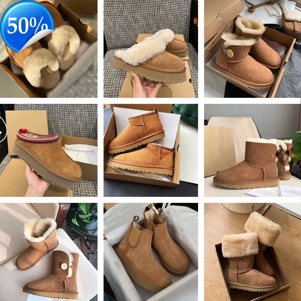 Boots designer snow ug australian women boot tasman bailey Chestnut winter buckle fur snow Half Knee Short lady Sheepskin and wool integrated glies hair slipper 95