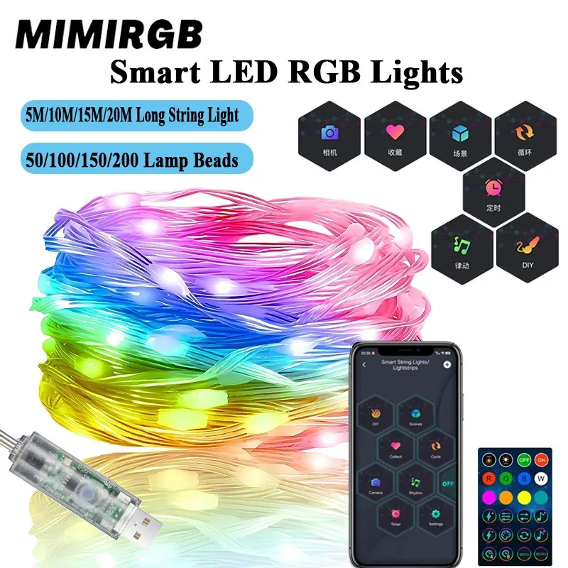 Juldekorationer Smart LED RGB Strip Lights Musik Sync Färg Byt med fjärrkontroll för rum Home Party 231025
