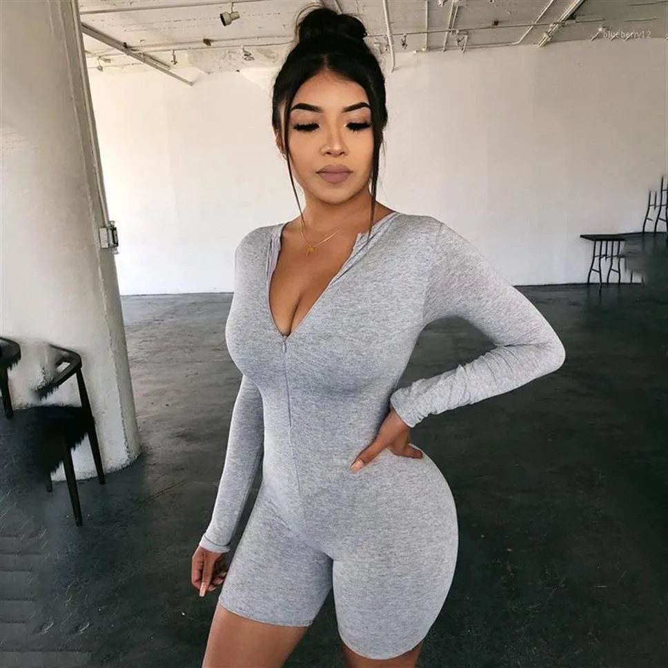 Black Grey Bodycon PlaySuit Women Wear på båda sidor Sexig jumpsuit Spring Autumn Zip Up Party Club Romper Jumpsuits Shorts201s