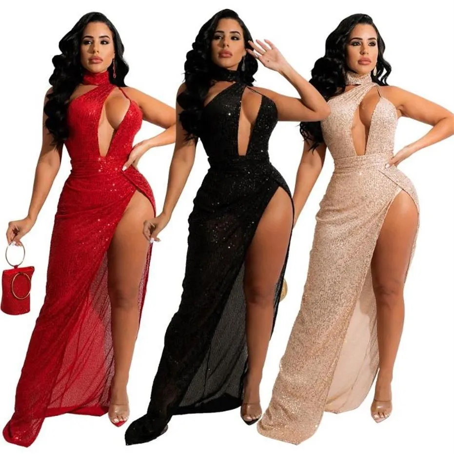 Casual Dresses Women Sequins One Shoulder Skew Neck Bodycon Maxi Dress Sexy Party Club High Slit Long Vestidos254T