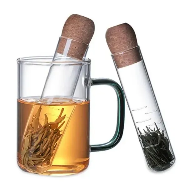 Outils à thé Passoire à thé en verre Transparent réutilisable, infuseur, tuyau de filtre, ustensiles de cuisine avec couvercle en liège, tube à essai de brassage pour tasse, feuilles fantaisie, vente en gros 373Q