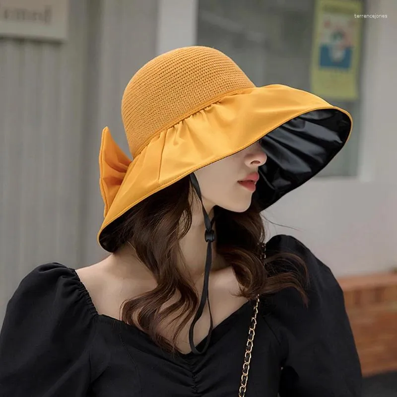 Wide Brim Hats Summer Women Bucket Hat UV Protection Sun Solid