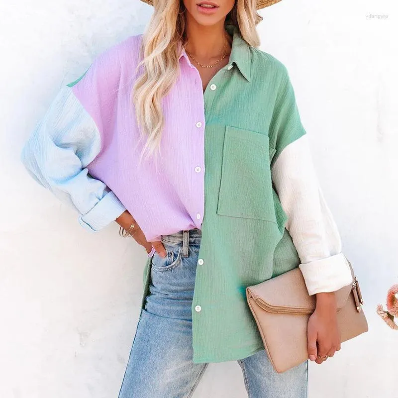 Women's Blouses Women's Women Patchwork Bat Sleeve Blouse Spring Summer Casual Long Turn-down Collar Shirt Ladies Oversized Loose Top