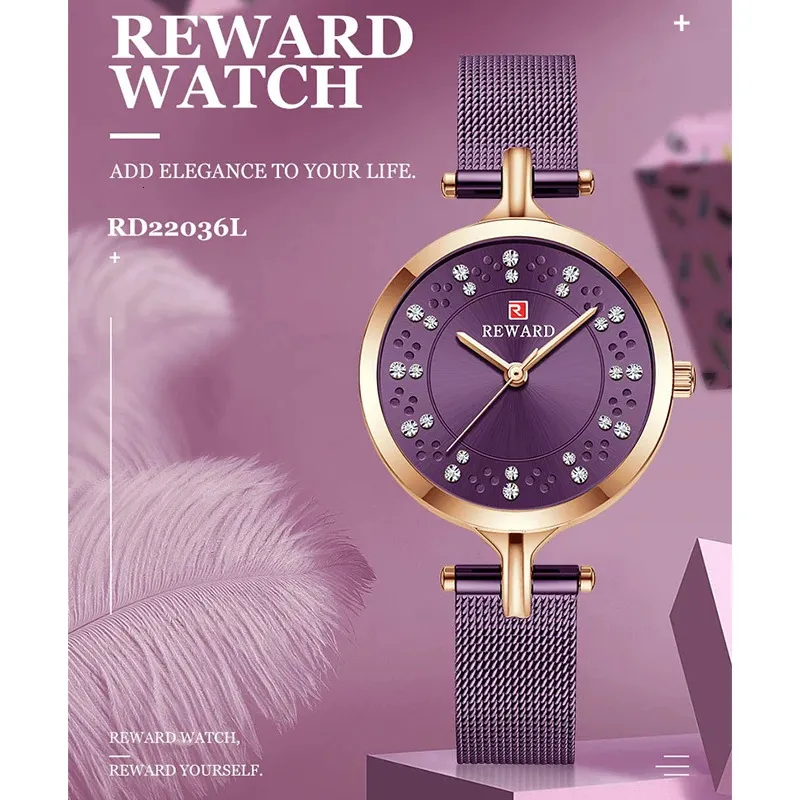 Wristwatches REWARD Luxury Purple Women Watches Rhinestone Quartz Watch Waterproof Ladies Mesh Stainless Steel Wristwatch Montre Femme 231025