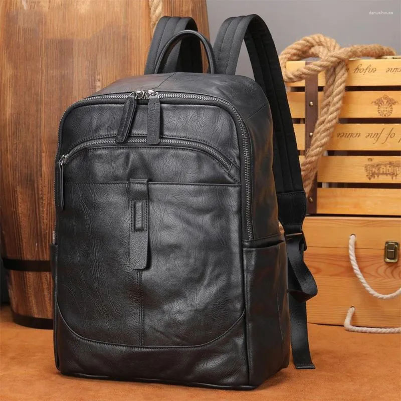 Sacs d'école en cuir noir hommes sac à dos véritable sac de voyage sac à dos décontracté en peau de vache grand ordinateur portable peau douce 14"