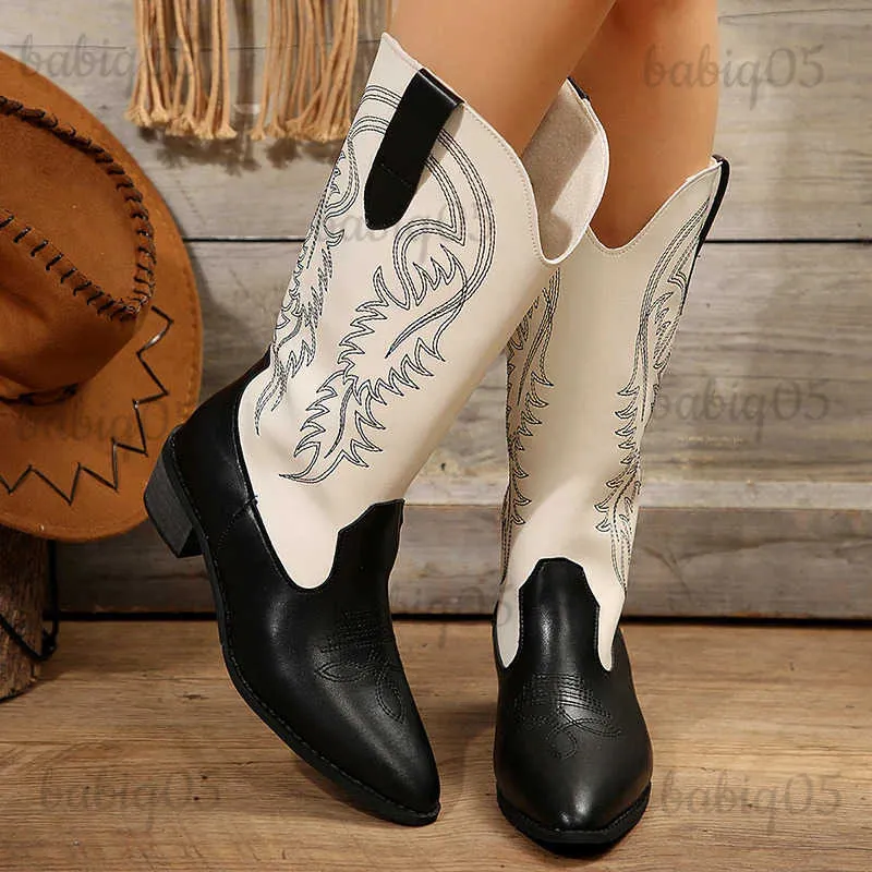 Stivali Stivali da cowboy occidentali ricamati in colori misti Stivali da donna con tacco spesso e punta spessa Stivali al ginocchio Donna Sciolti in pelle PU Lunghi Botas Mujer T231025