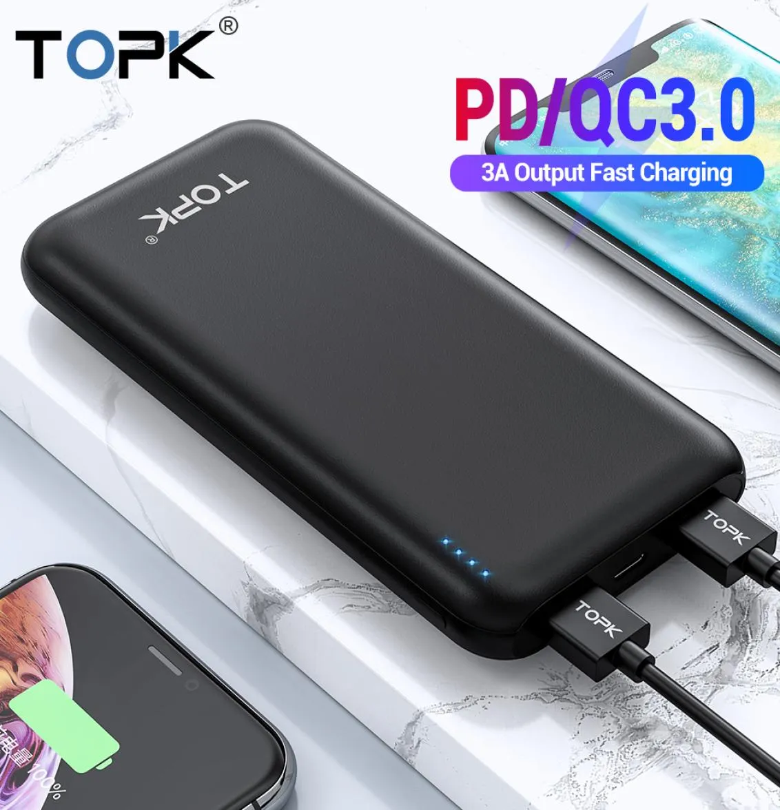 TOPK 10000mAh Batterie Externe 18W USB Type C Batteries Externes QC30