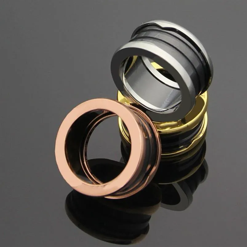 Anel de engrenagem em ouro rosa banhado em aço titânio 316L para casais anel de cerâmica preto e branco joias271n
