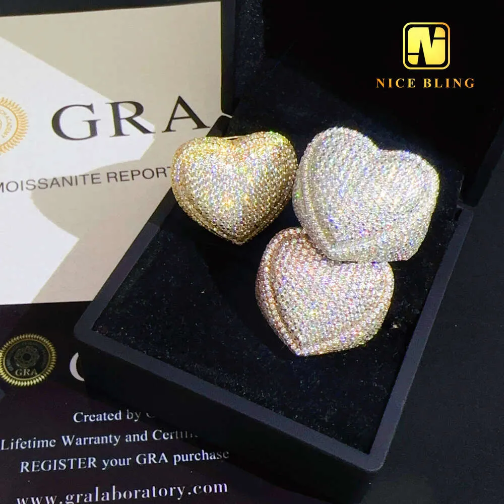 Iced Out Jewelry Anillos de compromiso de moissanita en forma de corazón de plata 925 con diamantes de laboratorio Vvs Hip Hop
