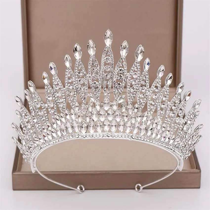 Trendy Silber Farbe Strass Kristall Königin Große Krone Braut Hochzeit Tiara Frauen Schönheitswettbewerb Braut Haarschmuck Schmuck M292F