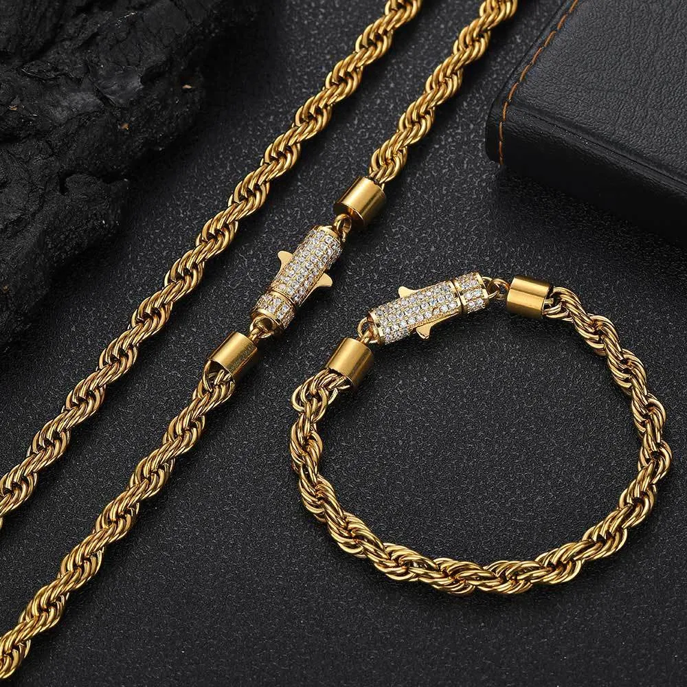 designer necklace cuban link chain mens stainless steel gold plated 6mm wide rope twisted chain inlaid diamond necklaces for women designer jewelry gift