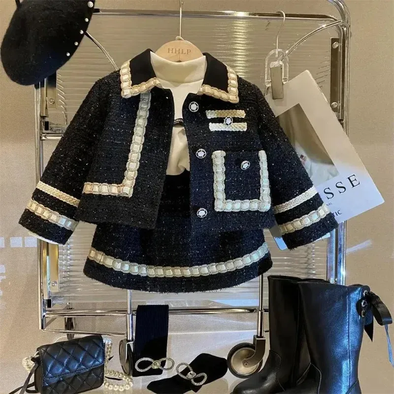Kleidungssets 17 Jahre Mädchen Tweed Strick Outfits Herbst Winter Baby Mantel und Röcke Anzug Hochwertige Kleinkind Kinder Set Weihnachten 231025