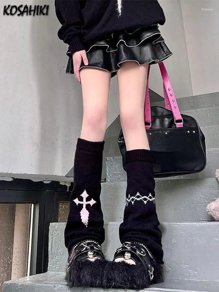 Women Socks KOSAHIKI Harajuku Gothic Black Grey Cross Chain Knitted Girl Punk Japanese Kawaii Cover Streetwear