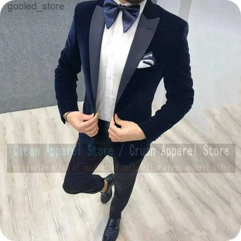 Męskie garnitury Blazery niestandardowe granatowy aksamitny zestaw garnituru męskiego Zestaw Slim Fit Men's Sets Groom Weddla