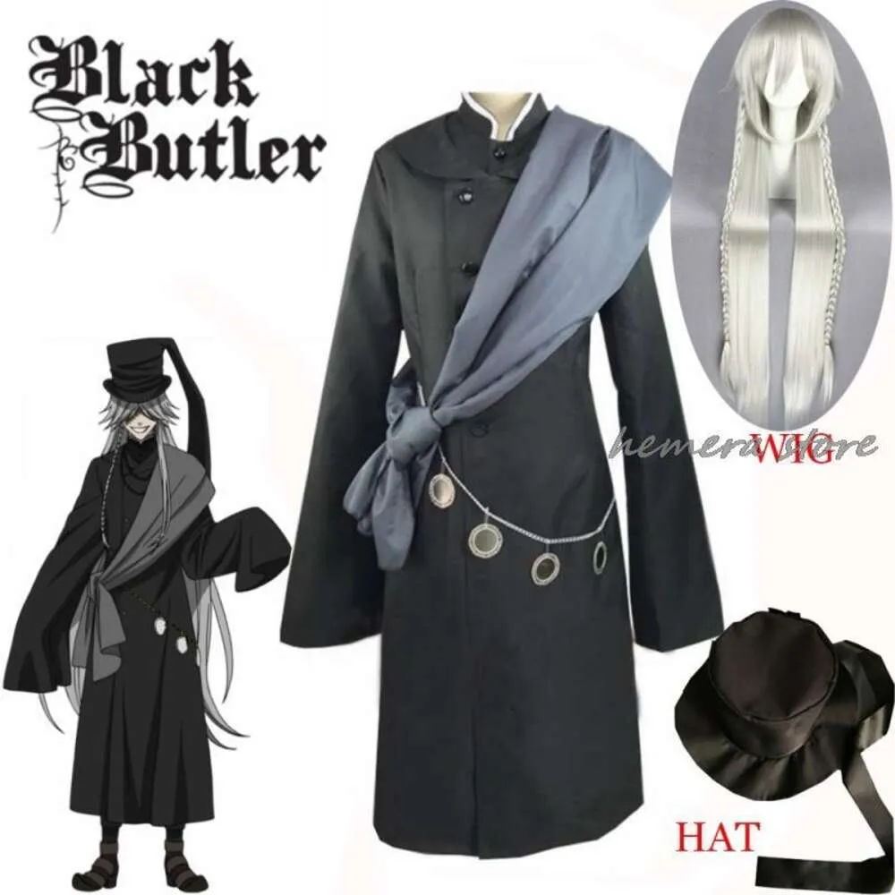 Cosplay preto mordomo kuroshitsuji undertaker traje trajes de festa de halloween feito sob encomenda conjunto completo chapéu corrente e peruca