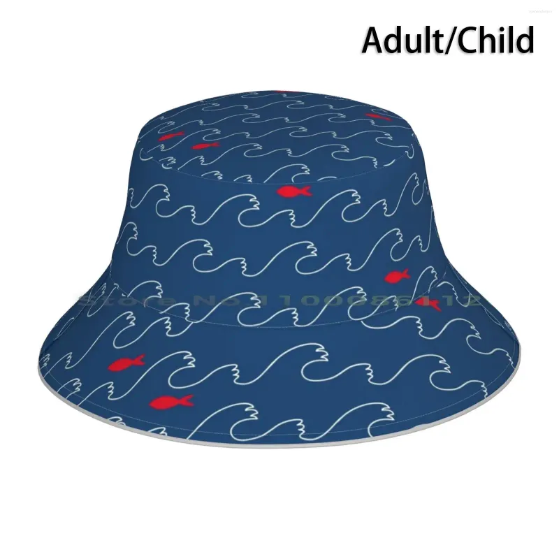 Berretti Onde tempestose Cappello a secchiello Cappello da sole Mare Oceano Blu navy Rosso Modello Ornamento Trama Linea Marina Subacquea Natura profonda Selvaggio