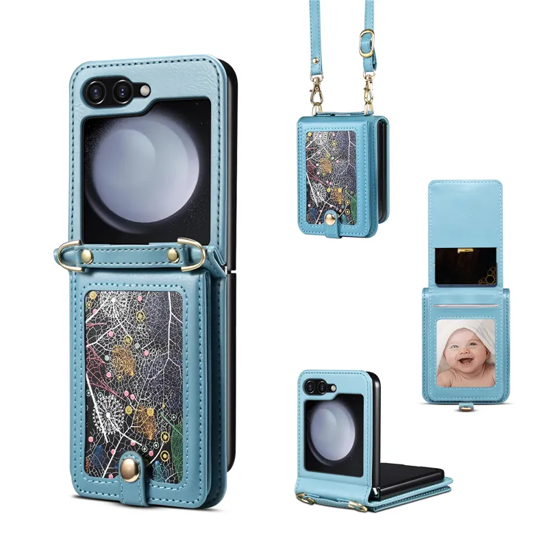 Luxury Crossbody Graffiti Vogue Phone Case för Samsung Galaxy Folding Z Flip5 Flip3 Flip4 5G Styliskt armband Flera kortplatser Läderplånbok Kopplingsveckskal