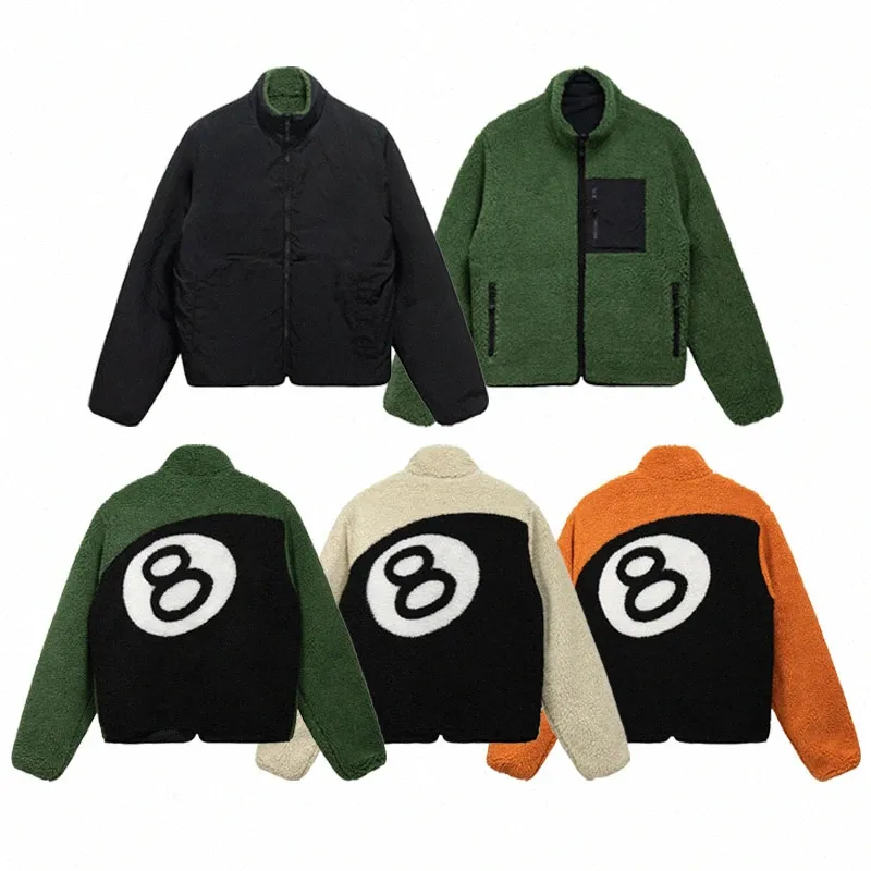 8 볼 남성 재킷 스탠드 칼라 두꺼운 양면 양고기 양털 블랙 빌어드 프린트 코트 재킷