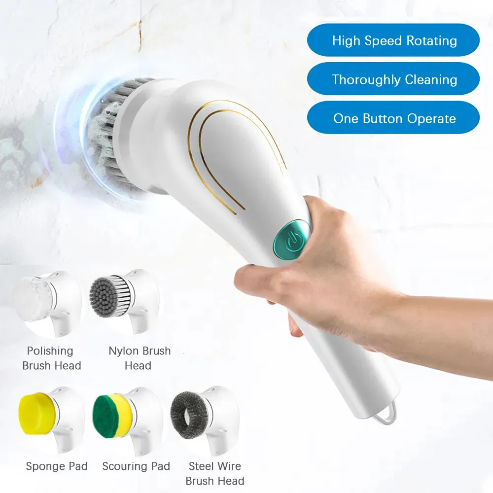 Cleaning Brushes Electric Spin Brush with 5 PCS Heads Cordless Portable Scrub Handheld Scrubber Suitable for Bathroom Kitchen Tool 231025
