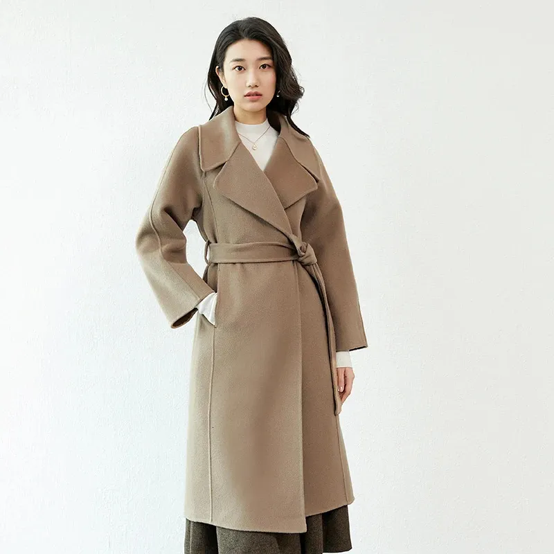 Manteau en cachemire réversible en mélange de laine pour femme mi-long automne et hiver élégant coupe ajustée sous le genou manteau en laine de chameau 231024