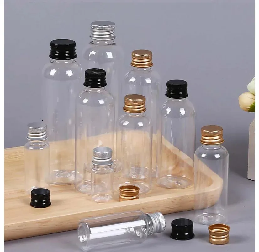 Perfume Bottle 100pcs/lot 5ml 10ml 20ml 30ml Gold Silver Black Aluminum Cap PET Refillable Bottles Mini Vial Medicine Perfume Containers 231024