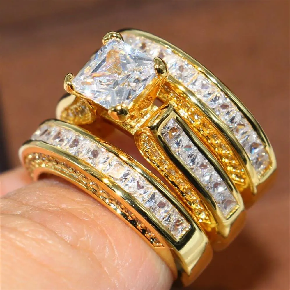 Tamanho 5-11 Espumante Moda Jóias Quadrado 14KT Amarelo Ouro Cheio Princesa Corte Branco Topázio Pedras Preciosas Festa CZ Diamante Mulheres Weddi285s