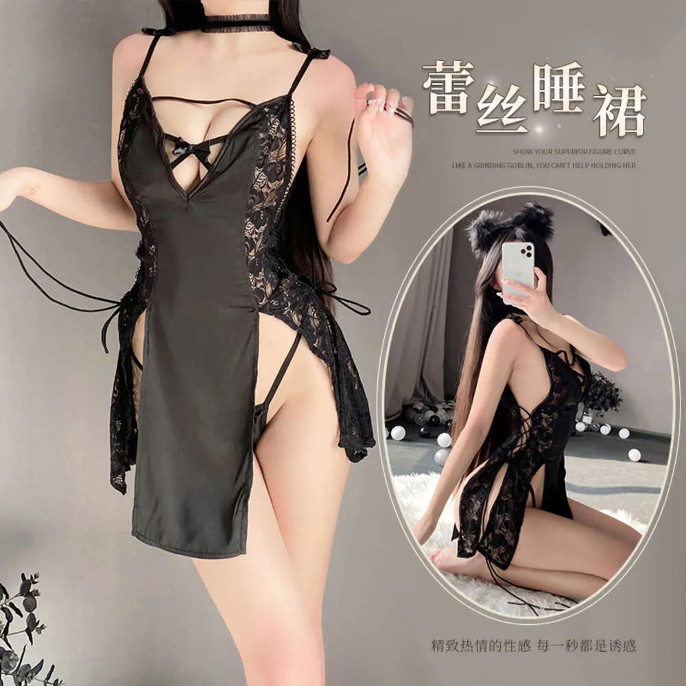 Cosplay sexig öppen underkläder outfit mini kjol kvinnor underkläder fancy klänning för damer Sling Hot Deep V Lace Black Nightdress One Size