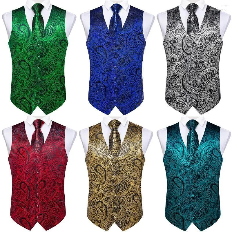 Herenvesten Heren Luxe Bronzing Vest Voor Heren Zakelijk Groen Zwart Paisley Gilet Mode Stropdas Pochet Manchetknopen Rood