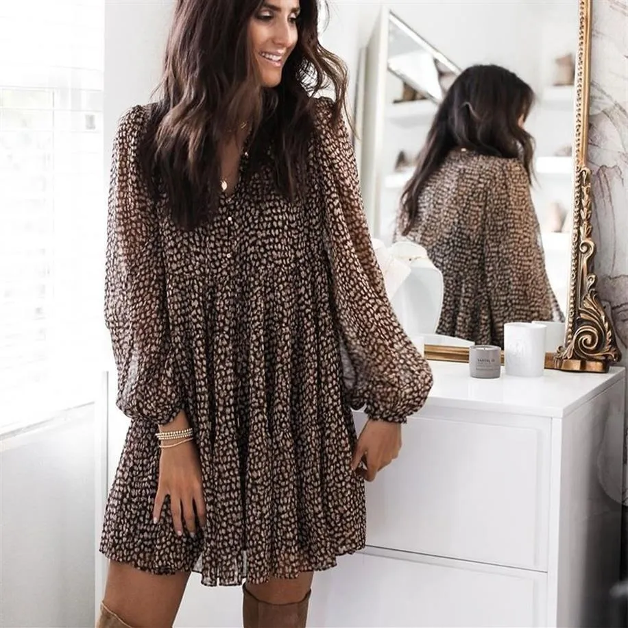 Women Dress Loose Leopard Print Lantern V-neck Spring O-Neck Long Sleeve Elegant Party Flare Swing Dresses Casual223b