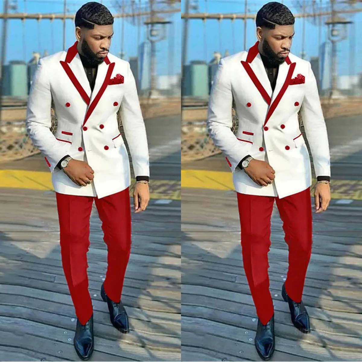 Białe czerwono męskie garnitury na ślubne szczyt Lapel Formal Groom Man Tuxedos Tailore Made Pants Suits