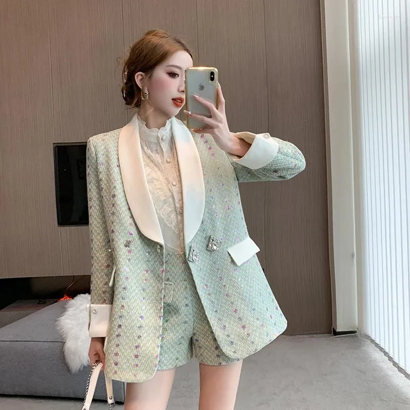 Women's Tracksuits Fashion Luxury 2 Piece Set Autumn Winter Women Tweed Sequin Blazer Long Coat Shorts Suits Outfits Casual Small Fragrance