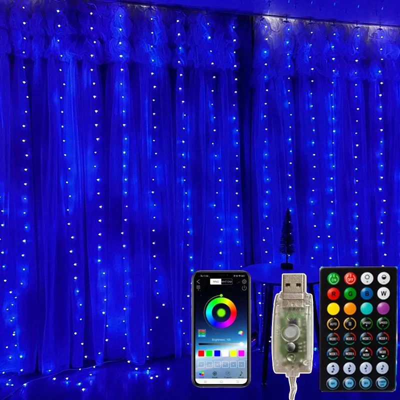 크리스마스 장식 홀리데이 조명 LED 스트링 커튼 화환 화환 화환 앱 RGB 드림 컬러 플래시 음악 타이머 기능 USB 라이트 홈 장식 231025