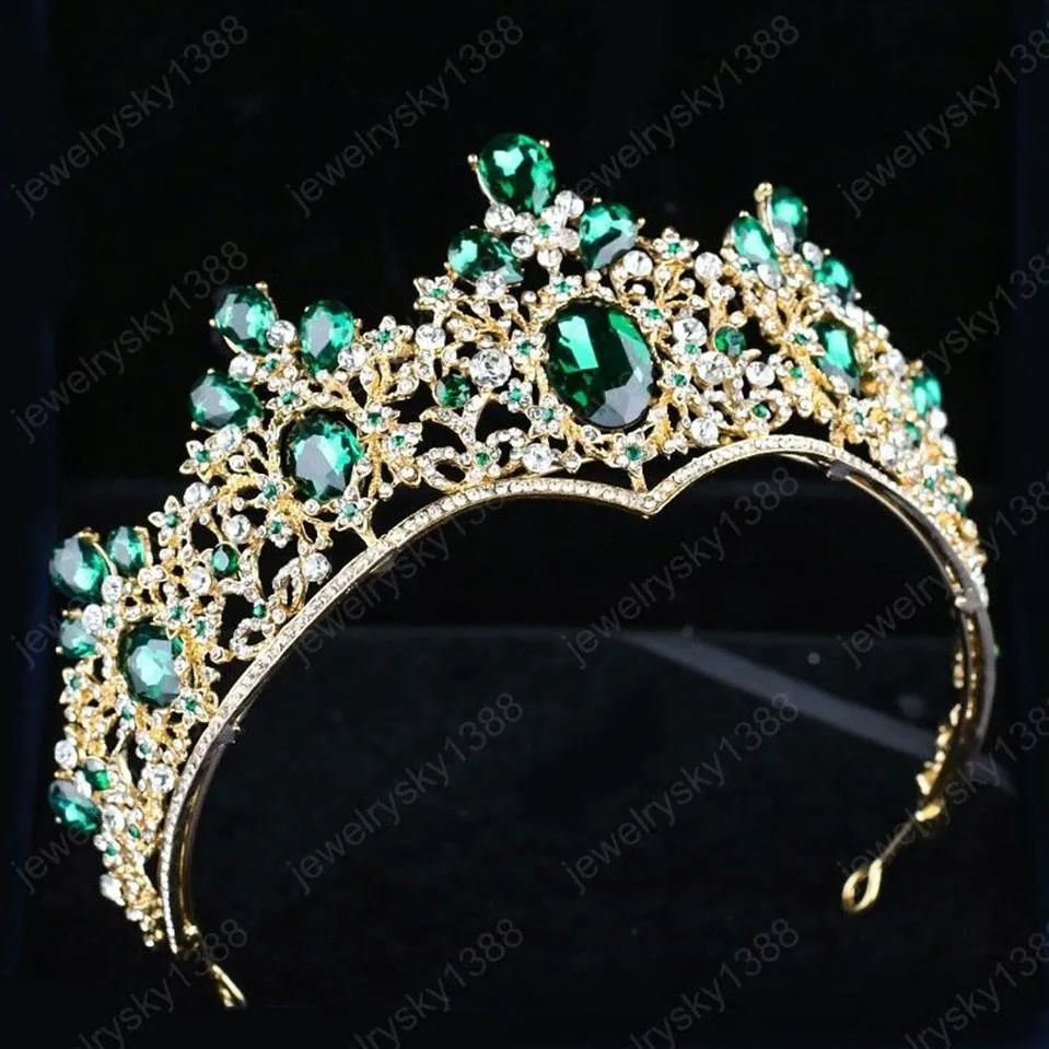 Kadınlar için yeni saç takılar barok yeşil tiaras taçlar altın metal tiara kristal rhinestones diadem düğün saç aksesuarları324r