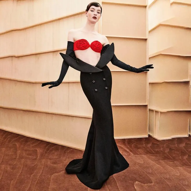 Casual Dresses 2023 Women's Luxury 3D Flower Sexig stropplös sammethandskar långärmad svart bandage sjöjungfru aftonklänning Vestido