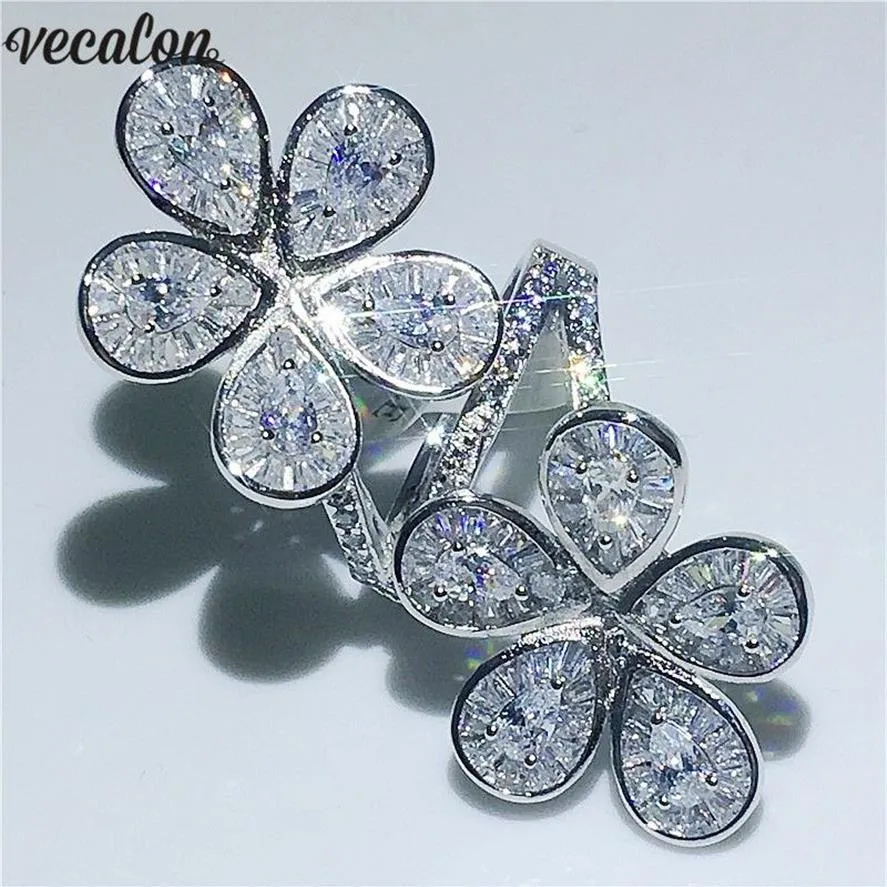 Vecalon Big Flower Ring 925 Sterling Silver Water Drop Diamond Engagement Wedding Band Rings for Women Finger Jewelry2910