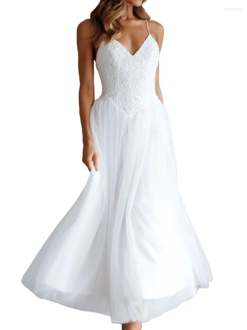 Casual Dresses Winkinlin Womens Cocktail Dress Formal Evening Long White Sleeveless V Neck Tulle Patchwork Ball Gown