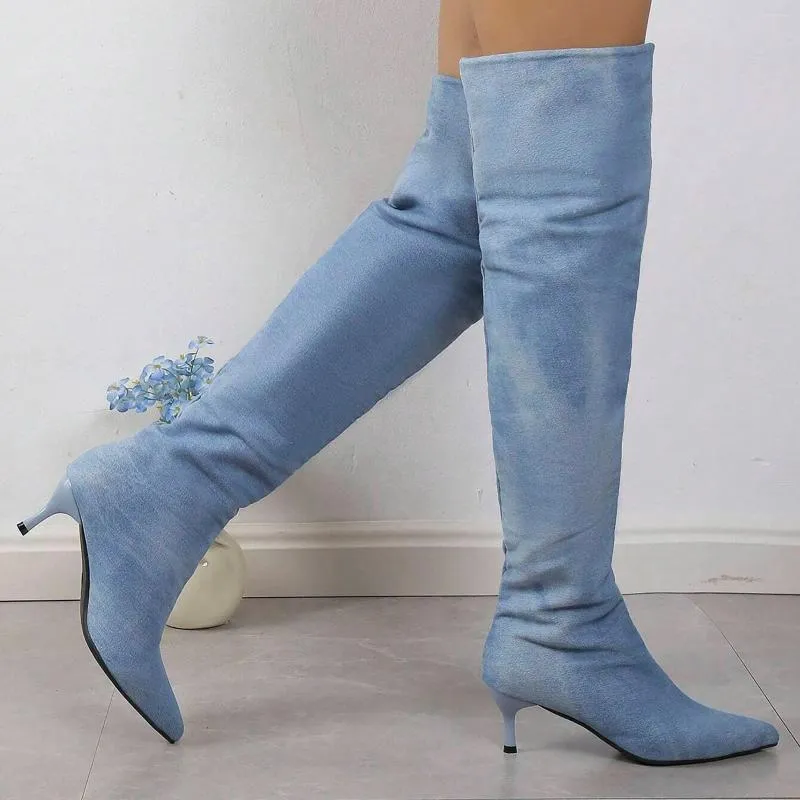 Bot artı beden uyluk yüksek kadınlar sonbahar kış moda diz topuk üzerinde sivri uçlu kadın uzun ayakkabılar botas mujer