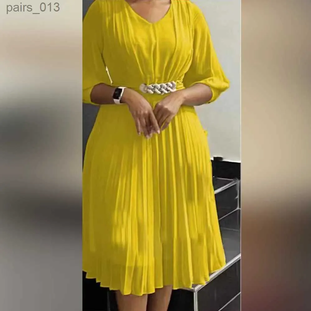 Basic Casual Dresses Women's Summer Dress Fashion Solid Color Half Sleeve Female Clothing Mid Waist Fold African Loose Midi 2023 New YQ231025