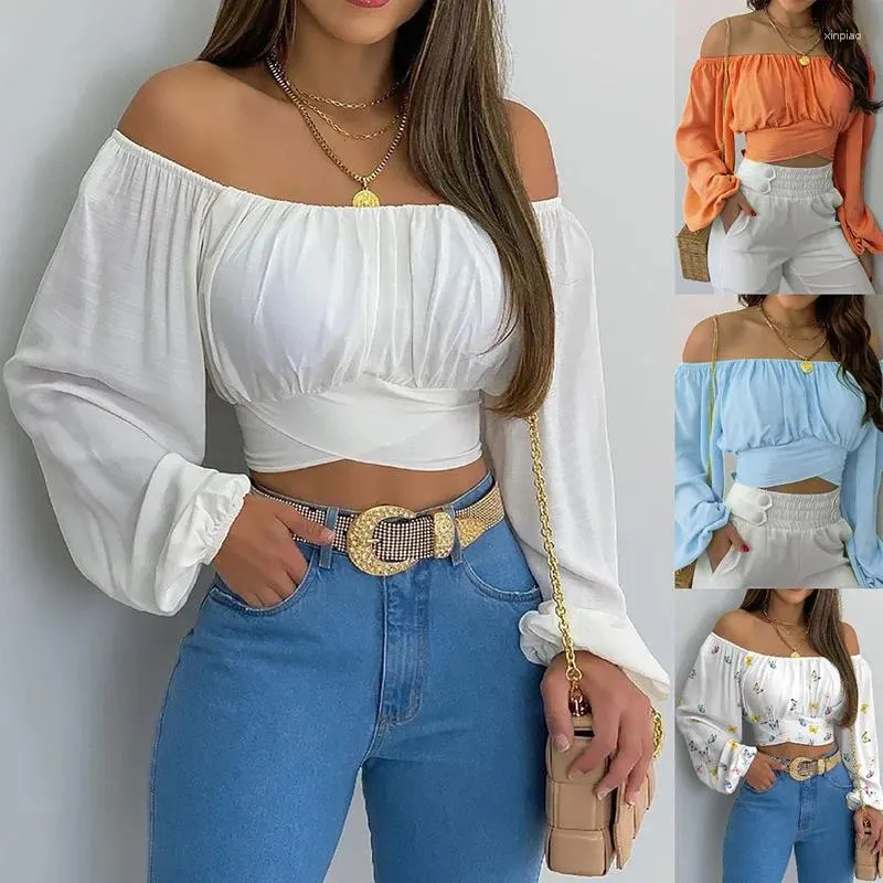 Blouses Femmes Imprimé Floral Blanc Hors Épaule Crop Top Femmes Printemps Été Sexy Dos Nu Bow Chemise À Lacets Y2k Mode À Manches Longues Chic