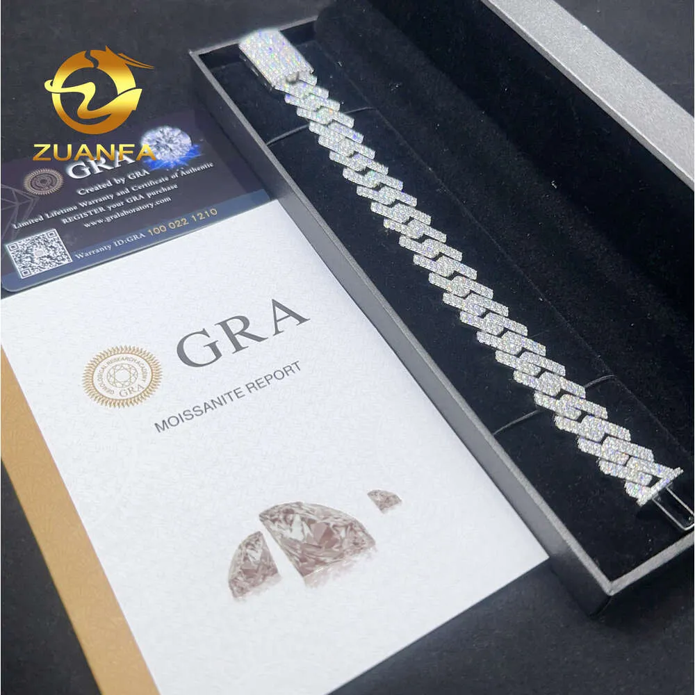 Zuanfa Jewelry 15mm VVSモイサナイトヒップホップブレスレット925スターリングシルバーアイスアウトマイアミキューバンリンクチェーンブレスレットモイサナイト