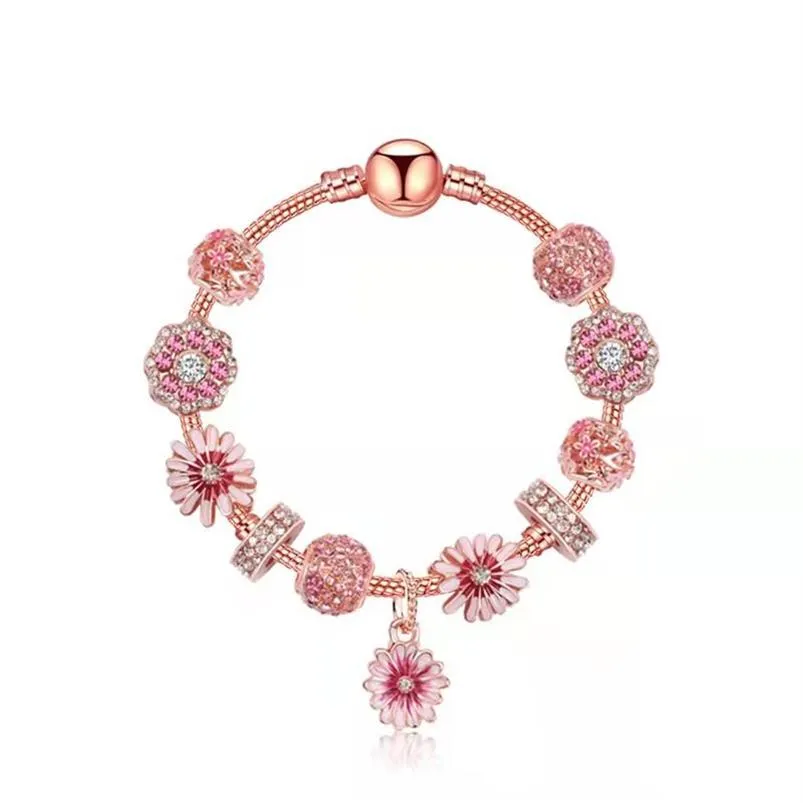 Braccialetti con ciondoli a piccola margherita Perline con ciondoli in oro rosa per ragazza regalo Catena di serpenti Accessori per gioielli fai da te Braccialetti di San Valentino266q