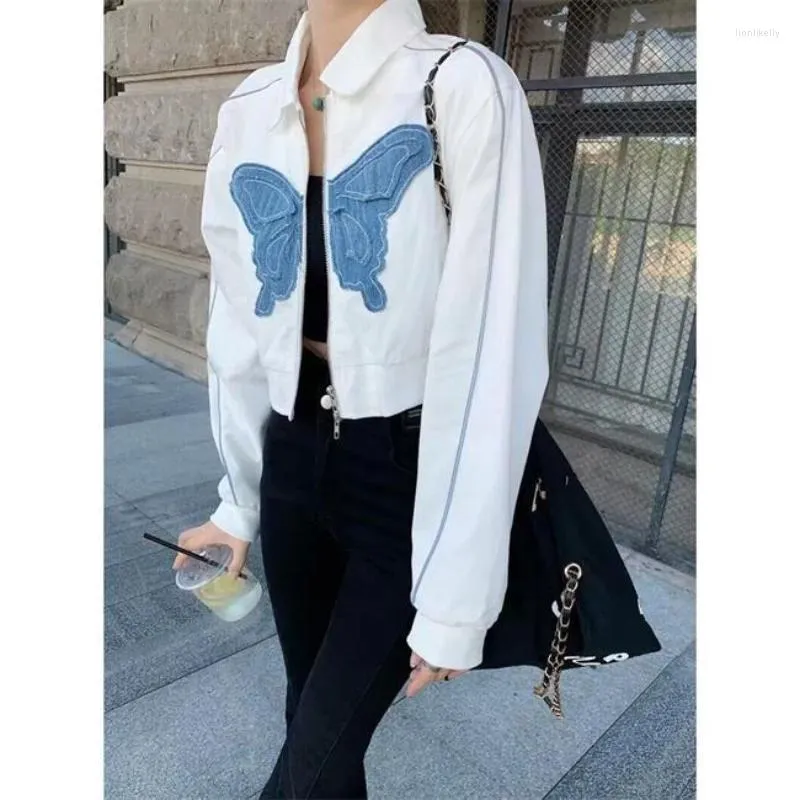 Kurtki damskie 2023 Butterfly Patch zamek błyskawiczny Kobiet Vintage Street White Long Rleeve Loose Y2K TOP Koreańska swobodna pikantna dziewczyna seksowna płaszcz