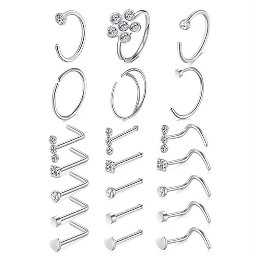 Anneaux de nez Hoop L Forme Goujons Vis en acier inoxydable Os Plat Top Diamant Opale Coeur Haute Nostril Piercing Bijoux pour Femmes Men282t