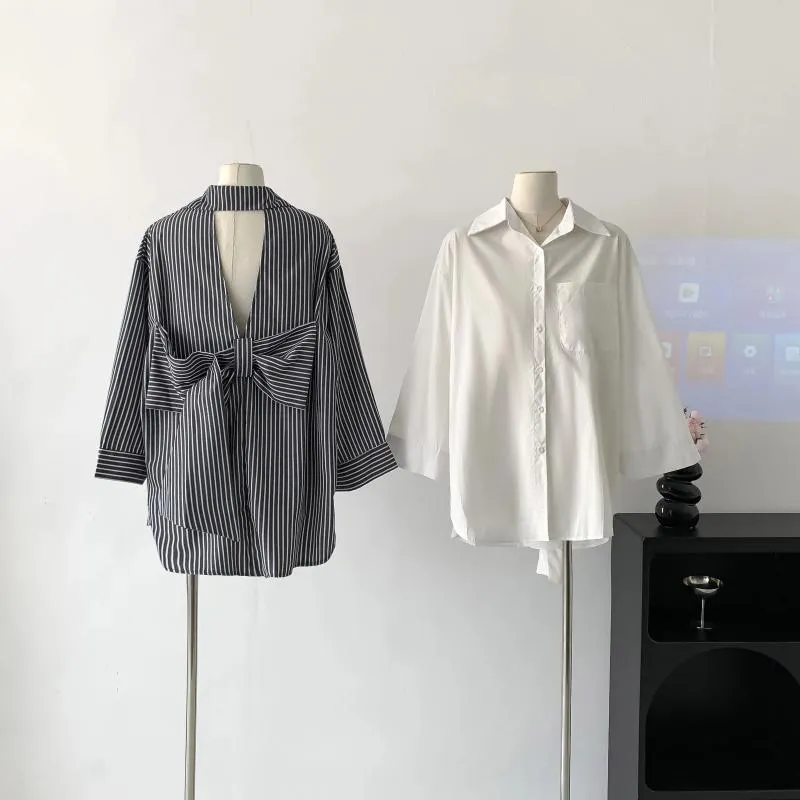 Blusas de mujer, camisa elegante a rayas con lazo y espalda descubierta para mujer, ropa de calle de primavera y otoño, holgada de manga larga con un solo pecho