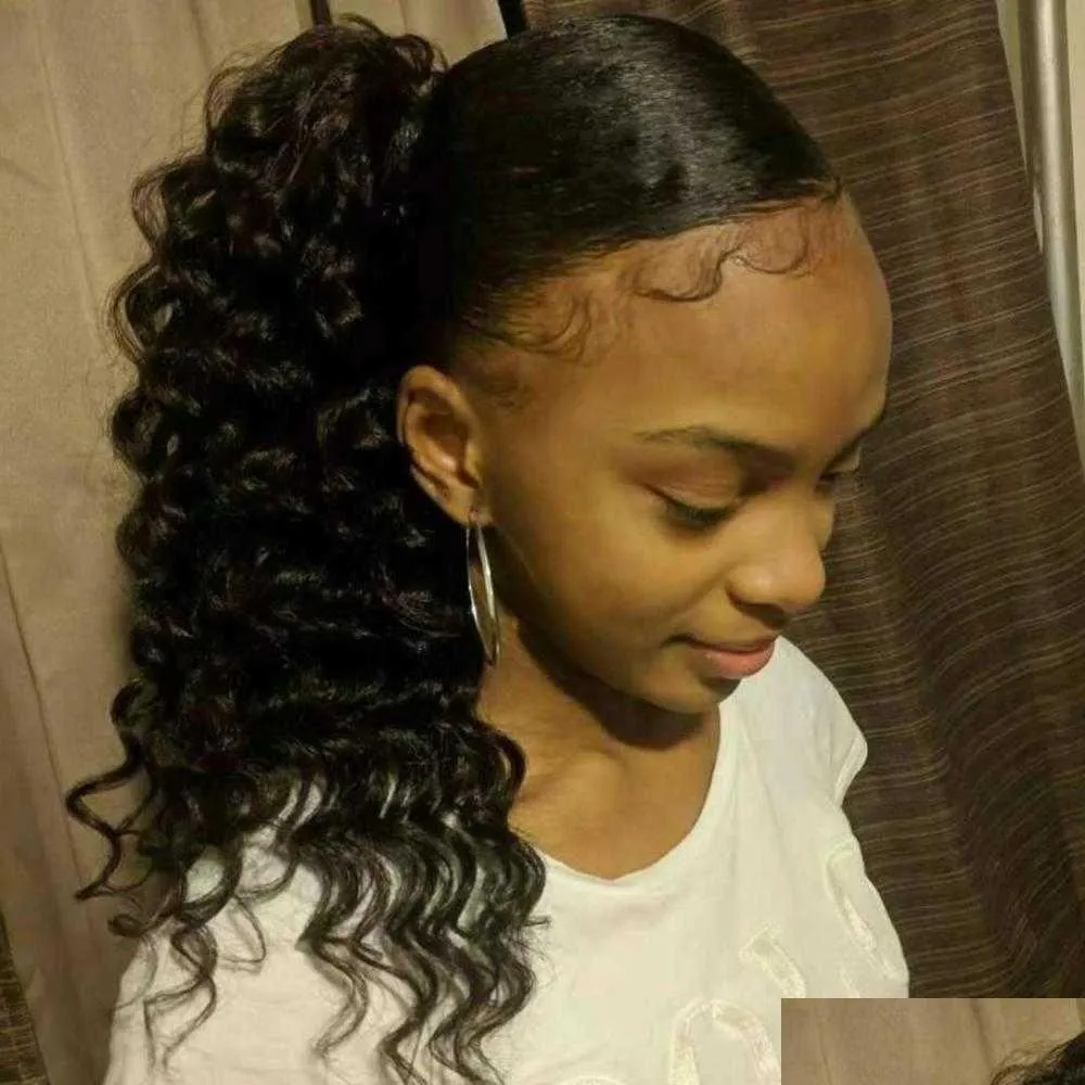 Parrucche sintetiche Capelli umani Coda di cavallo Ricci crespi Dstring per donne nere Panino per parrucchino Updo di medie dimensioni afro-americano con 2 clipz Dhorj