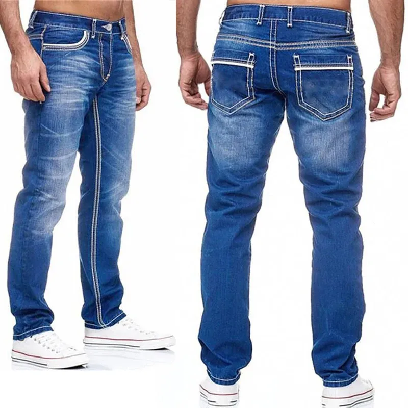 Mens Jeans raka män tvättade inget hål jean vår sommar pojkvän streetwear lös casual designer long denim byxor byxor 231025