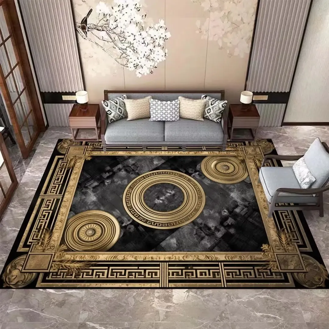 Carpet European Style Carpets for Living Room Luxury Gold Black Rug Decoration Home Large Size Bedroom Carpet Washable Anti-skid Mat 231024