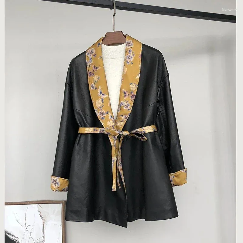 Costume Long en cuir de mouton pour femmes, veste Trench de haute qualité, manteau noir contrasté, printemps et automne 2024