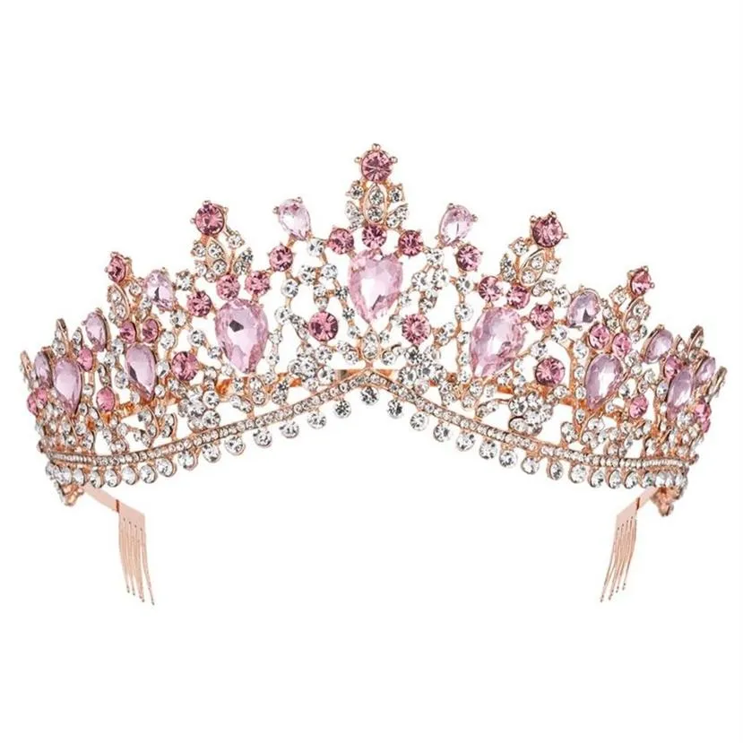 Baroque Rose Gold Pink Crystal Bridal Tiara Crown With Comb Pageant Prom Rhinestone Veil Tiara Headband Wedding Hair Accessories Y222D