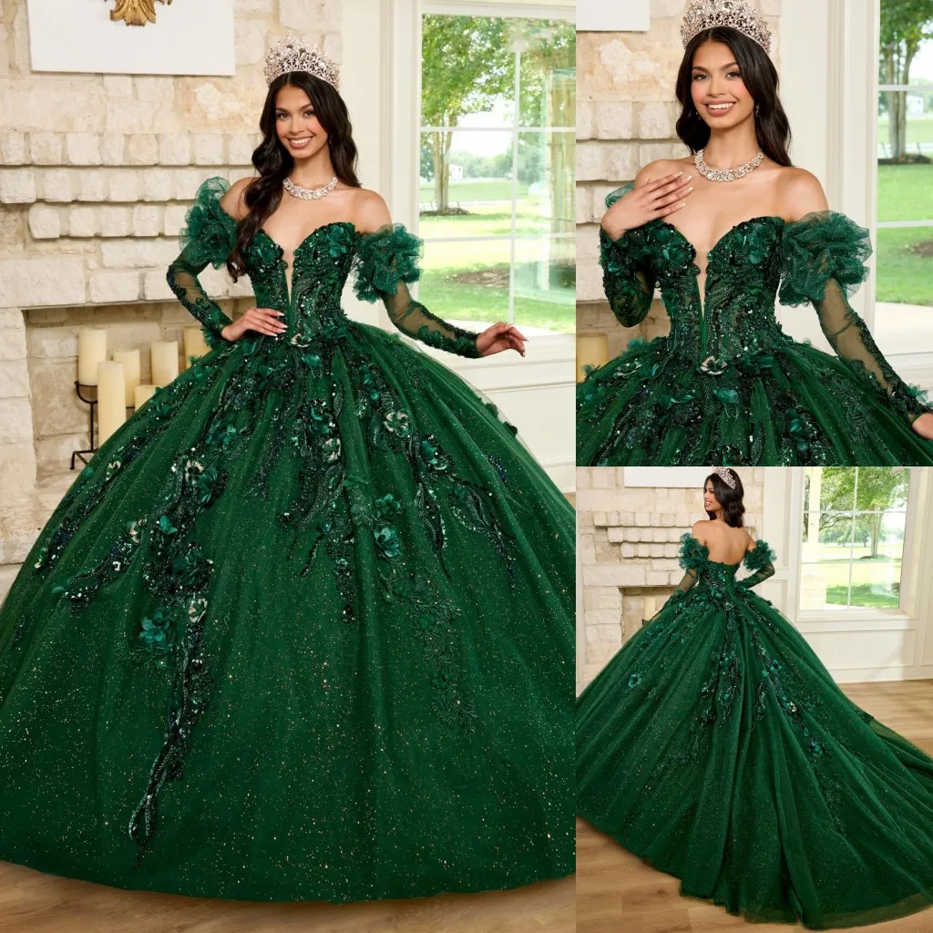 Темно-зеленое бальное платье из бисера Платья Quinceanera с длинными рукавами Пром платья 3D Аппликация с глубоким вырезом Тюль Sweet 15 Маскарадное платье